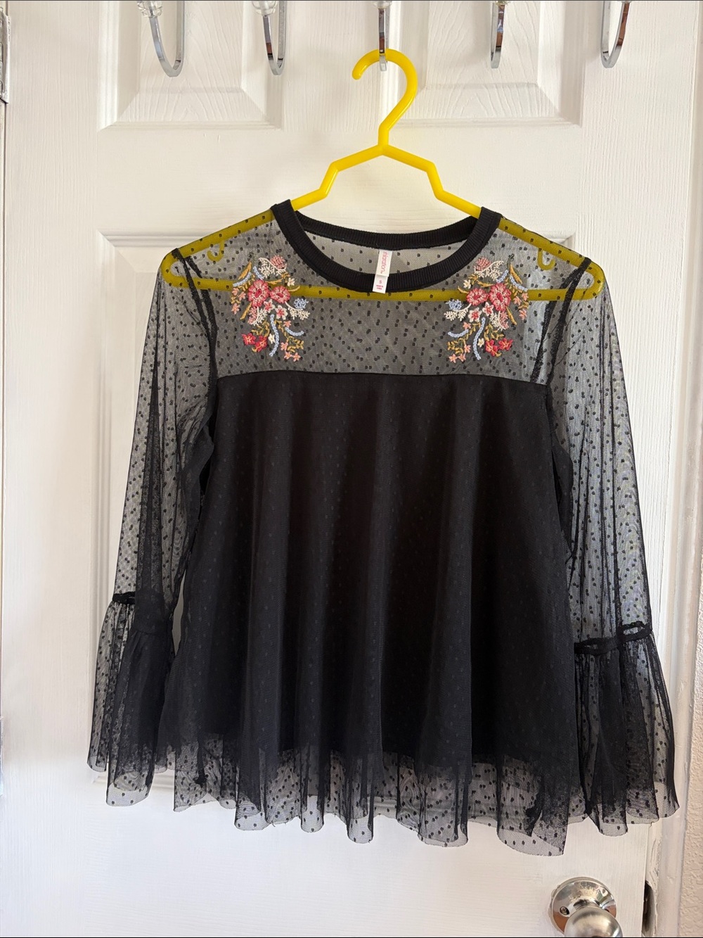 Xhilaration Black Sheer Dotted Mesh Long-Sleeve Top with Floral Embroidery